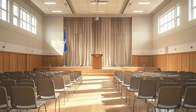 Empty modern auditorium hall with wooden podium and rows of chairs illuminated by natural sunlight for seminars and conferences.