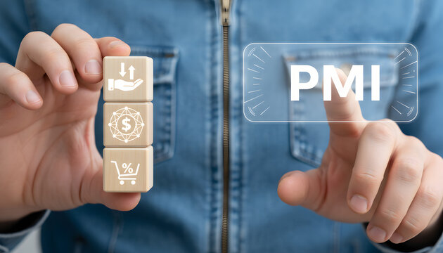 Businessman analyzing PMI data with wooden blocks and digital interface