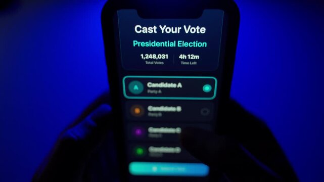 Voter votes for president using a mobile app, close-up in a dark room with blue lighting