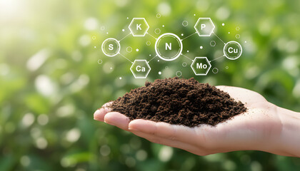 Hand holding soil with essential nutrients for healthy plant growth