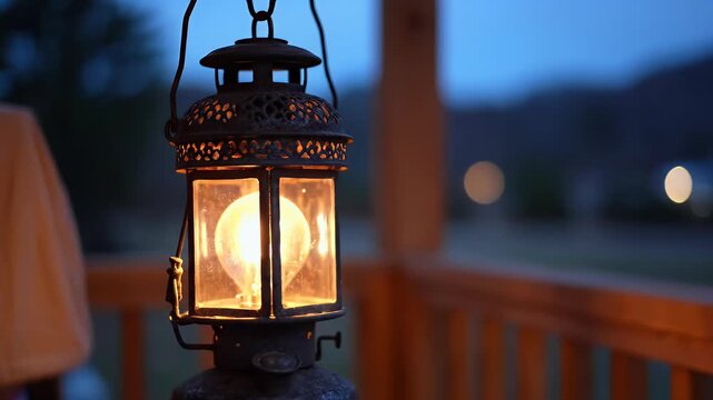 An old lantern glows warmly on a porch at dusk, casting a soft light