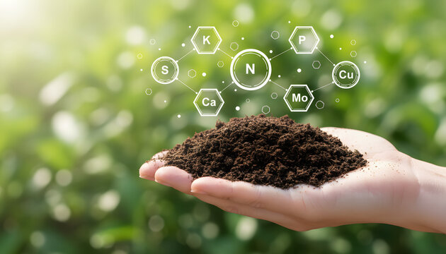 Hand holding soil with essential nutrients for healthy plant growth