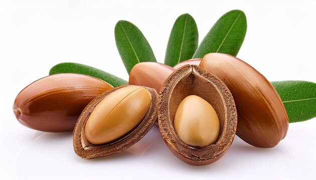 Argan Nuts With Green Leaves On Isolated White Background Moroccan Argania Spinosa Seeds For The Production Of Oil