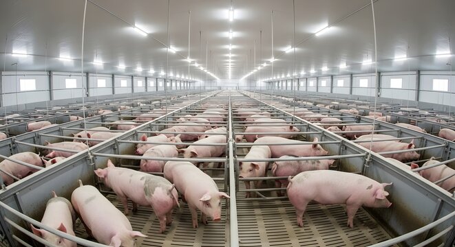 Modern pig farm interior with rows of pigs in industrial livestock facility