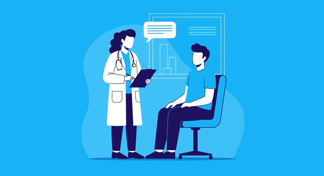 Doctor consulting patient in clinic medical checkup healthcare appointment illustration modern flat design hospital visit diagnosis and treatment concept isolated background
