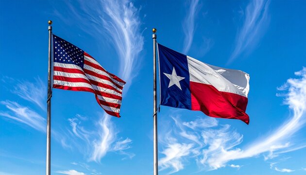 US and Texas flags flying together in sky