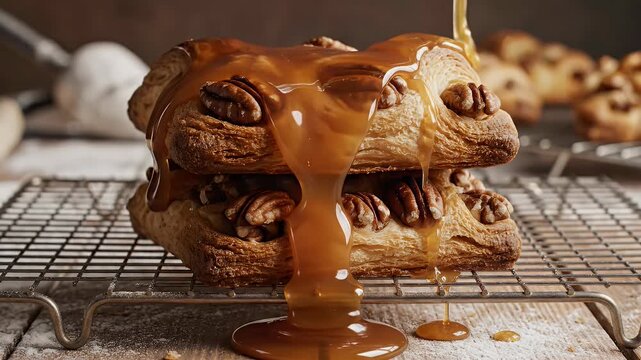 Maple glaze flowing over delicious pecan pastries on a cooling rack
