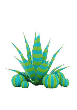 Stylized 3d geometric agave and barrel cacti featuring vibrant turquoise and lime green striped patterns, isolated on a minimal sandy ground against a transparent background. Concept of playful