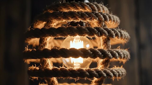 Close-up of a rustic lamp with a bare bulb and thick rope detailing