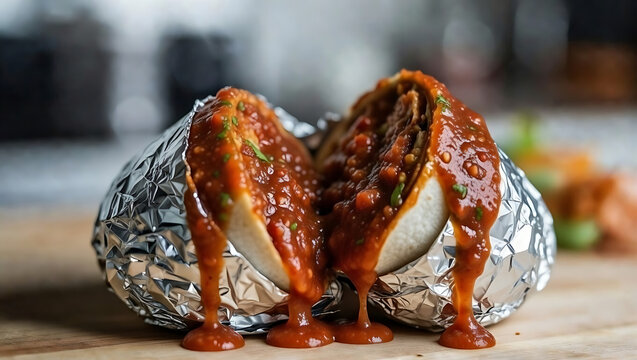 Grilled chicken and bean burrito cut in half with melted cheese and sauce on wooden table for Mexican food concept