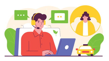 Fototapeta premium Male dispatch operator with a headset and laptop manages taxi services, with a customer portrait and taxi icon.