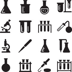 Obraz premium Black silhouette icons depicting various laboratory equipment and tools