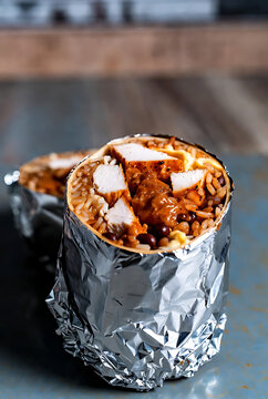 Delicious cheesy breakfast burrito cut in half on rustic wooden table with melted filling and fresh cilantro