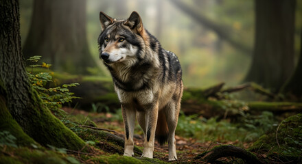 Wolf in a dense forest environment