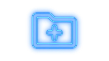 Fototapeta premium Blue neon folder icon with a glowing plus sign, symbolizing new data creation, digital organization, file management, and modern archives, isolated on transparent background.