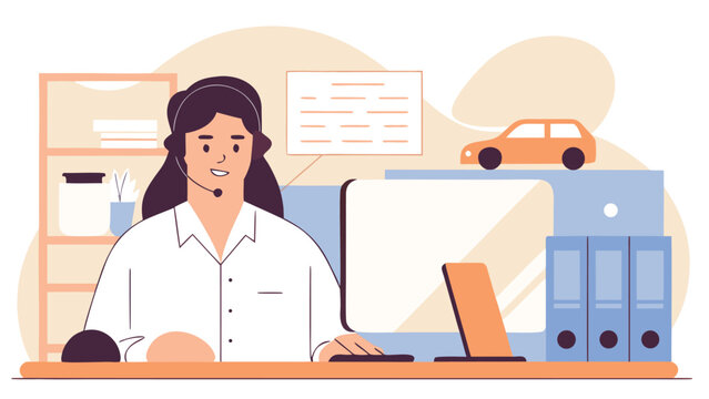 Female dispatch operator in a headset works at a desk with a computer, managing taxi services with a car icon.