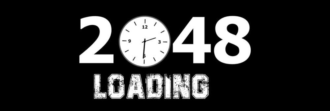 2048 New Year Loading Concept Animation with Analog Clock Face, Futuristic Countdown Time Progress on Black Background