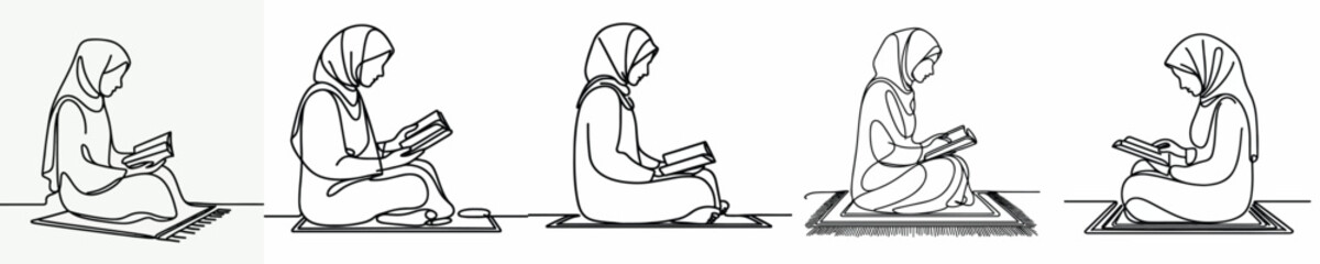 line art of a Muslim woman sitting reading the Quran side view