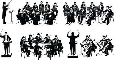 Set of black silhouettes featuring a professional symphony orchestra with conductors and musicians playing violin, cello, and woodwind instruments isolated on white background © MdMeherul