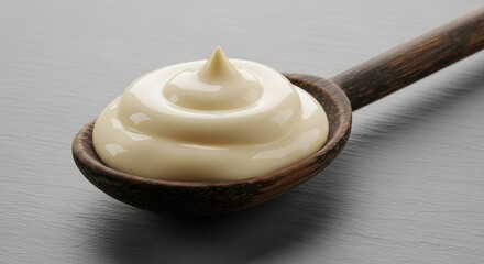 Generous swirl of rich, creamy mayonnaise on a dark wooden spoon