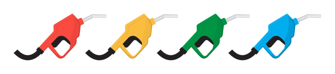 Colorful fuel nozzle set, Petrol gasoline pump handles in red yellow green blue color vector illustration