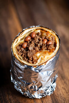 Delicious beef and bean burrito cut open revealing filling on rustic wooden table with foil wrapper