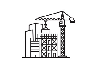 Obraz premium Building Under Construction Line Icon – Unfinished Building Outline Vector, Minimal Architectural Black Line Isolated on White