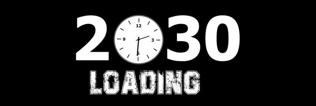 2030 New Year Loading Concept Animation with Analog Clock Face, Futuristic Countdown Time Progress on Black Background