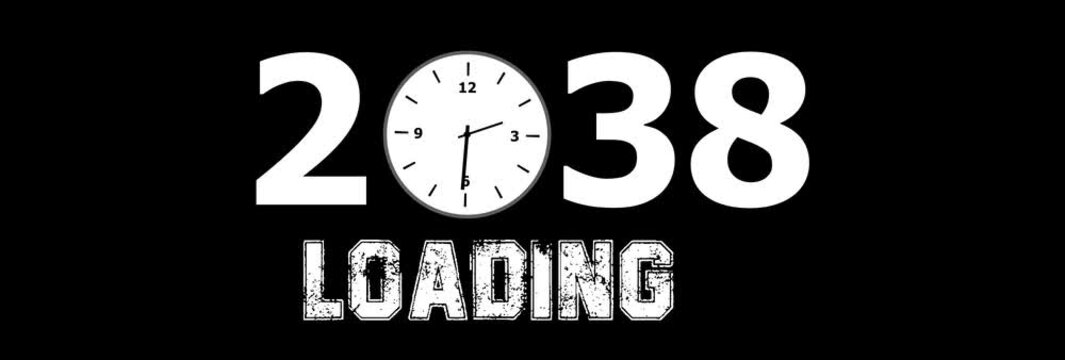 2038 New Year Loading Concept Animation with Analog Clock Face, Futuristic Countdown Time Progress on Black Background