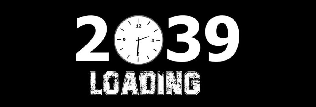 2039 New Year Loading Concept Animation with Analog Clock Face, Futuristic Countdown Time Progress on Black Background