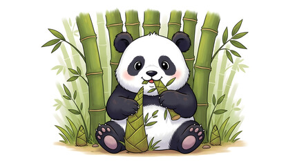 Naklejka premium Adorable illustration of a panda bear with bamboo