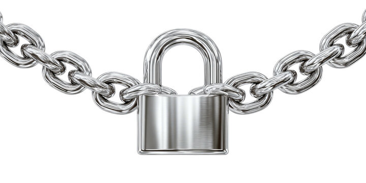 Metallic lock secured by chains, rendered in realistic style against a pure black background