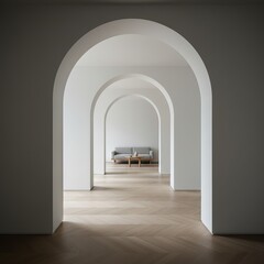 Fototapeta premium Minimalist Interior Design Featuring White Arched Corridor and Modern Furniture
