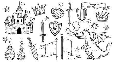 Hand drawn medieval fantasy elements set with castle dragon and swords. © Tomo