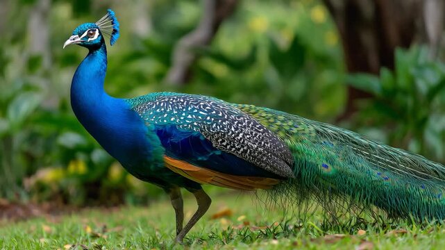A vibrant peacock standing on grass with lush greenery in the background outdoors