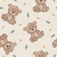 Cute hand draw seamless pattern with cartoon bear. Kids textile, baby fabric.