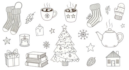 Hand-drawn Christmas and winter holiday elements collection.