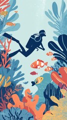 Obraz premium Scuba Diver Exploring Coral Reef With Fish