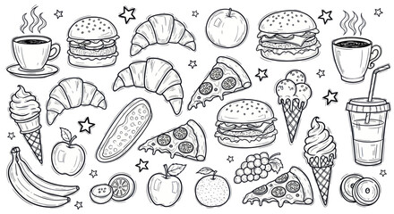 Hand-drawn doodle collection of various fast food items and healthy snacks.
