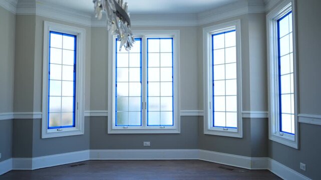 Freshly painted interior walls and windows with muntin in empty room during the final stage of home renovation. Bright natural light coming through large windows 