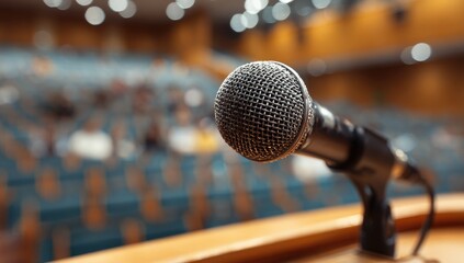 Obraz premium Close-up of a microphone on a podium with blurred audience in the background