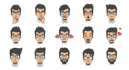 Extensive grid of male avatar heads with different hairstyles and facial expressions ranging from happy and surprised to sad and crying in style.