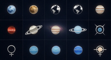 Planetary celestial bodies and symbols representing the solar system in space. © Handik