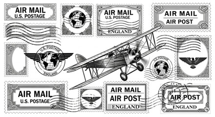 Vintage Air Mail Stamps and Airplane Depicting International Postal Service. © Handik