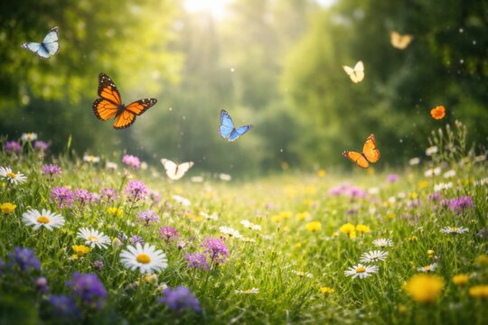 Butterflies flying over colorful spring meadow with wildflowers in bright sunlight and green blurry background