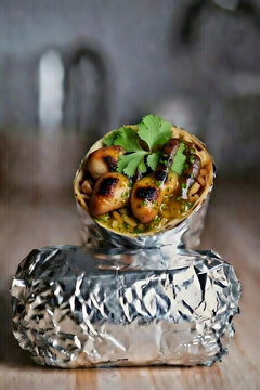 Gourmet grilled chicken and vegetable burrito wrap with fresh cilantro on slate plate in modern kitchen