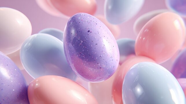 Glossy pastel Easter eggs floating on soft pink background festive spring holiday concept design