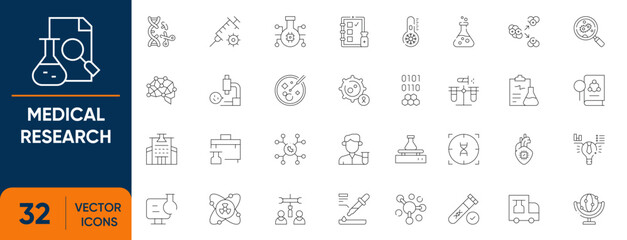 Medical Research Icon Set. Containing medicine, Science, laboratory, discovery, investigation, experiment, biotechnology and more. Editable vector Line icons collection. © stock icon