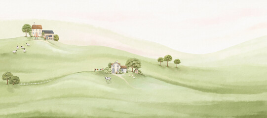 Naklejka premium Watercolor landscape with countryside, beautiful old houses, animals and trees on background green fields and hills. Hand drawn panoramic print with natural composition, ecology illustration.