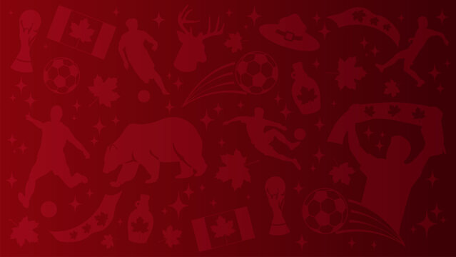 Canadian soccer tournament background. Red gradient with maple leaf, moose, and bear silhouettes. Professional sports backdrop for national football team supporters and events 2026.